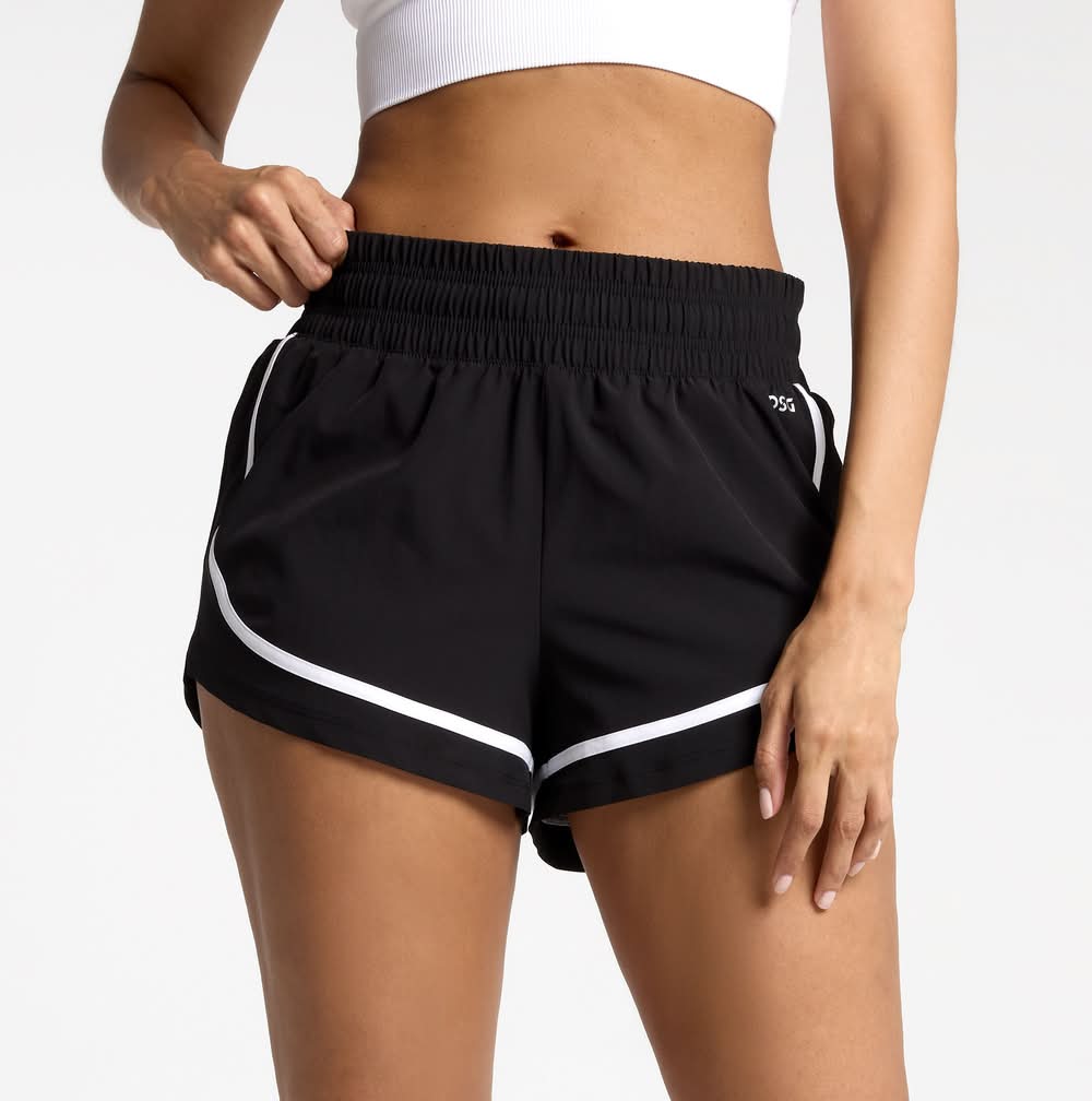 DSG Women's High Rise Stride Shorts 2.0 (Pure Black/Pure White, M)