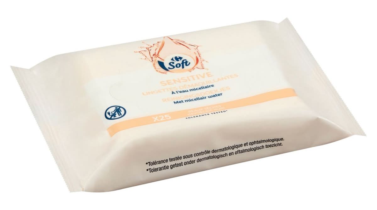 Carrefour Soft Sensitive Lingettes Démaquillantes Eau Micellaire 25 Pc