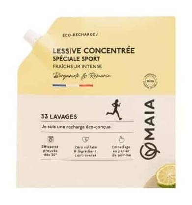 Maia - Eco recharge lessive concentrée spéciale sport 33 lavages, bergamote-romarin (1L)