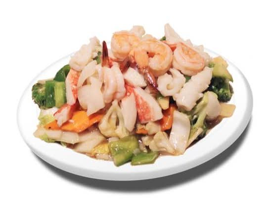 61. Fruits de mer sautés avec légumes et riz / Stir Fried Seafood with veggies and rice/ 杂菜炒海鲜