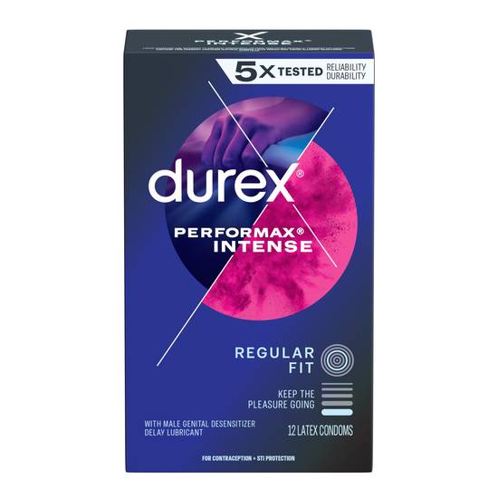 Durex Performax Intense Lubricated Ribbed Dotted Premium Condoms, 12CT