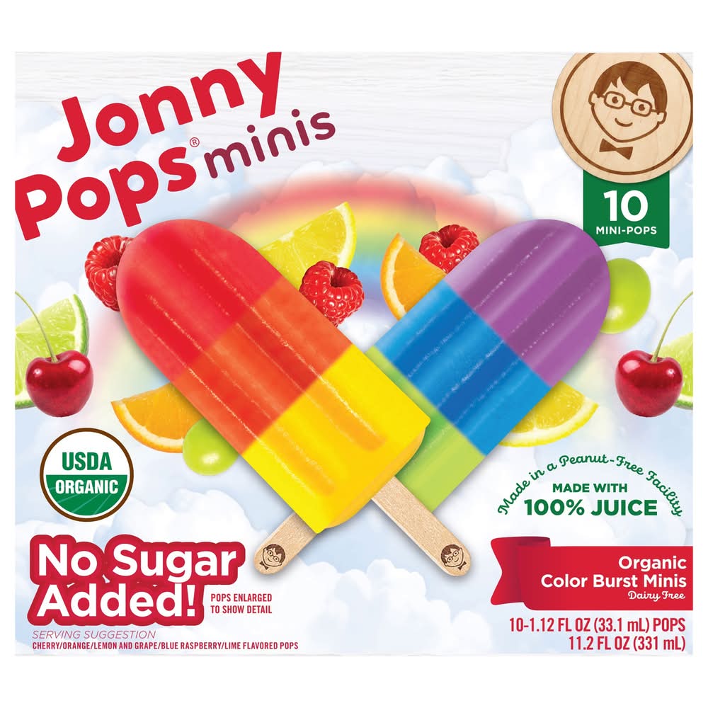 JonnyPops Organic Color Burst Minis Pops, Cherry Orange Lemon-Grape Blue Raspberry Lime (10 x 1.2 fl oz)