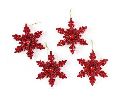 Red Glitter & Gem Snowflake Ornaments, 4-Pack