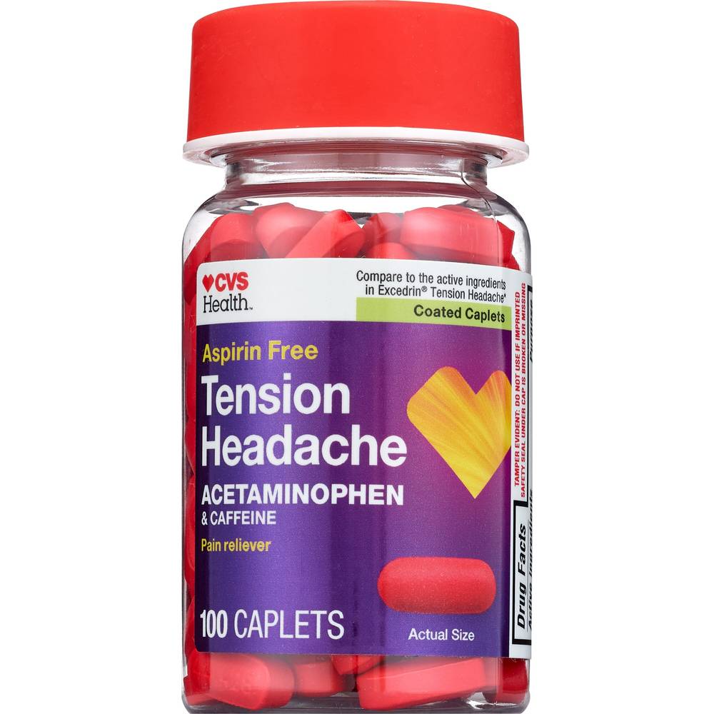 Cvs Health Aspirin Free Tension Headache Acetaminophen & Caffeine Caplets, 100 Ct