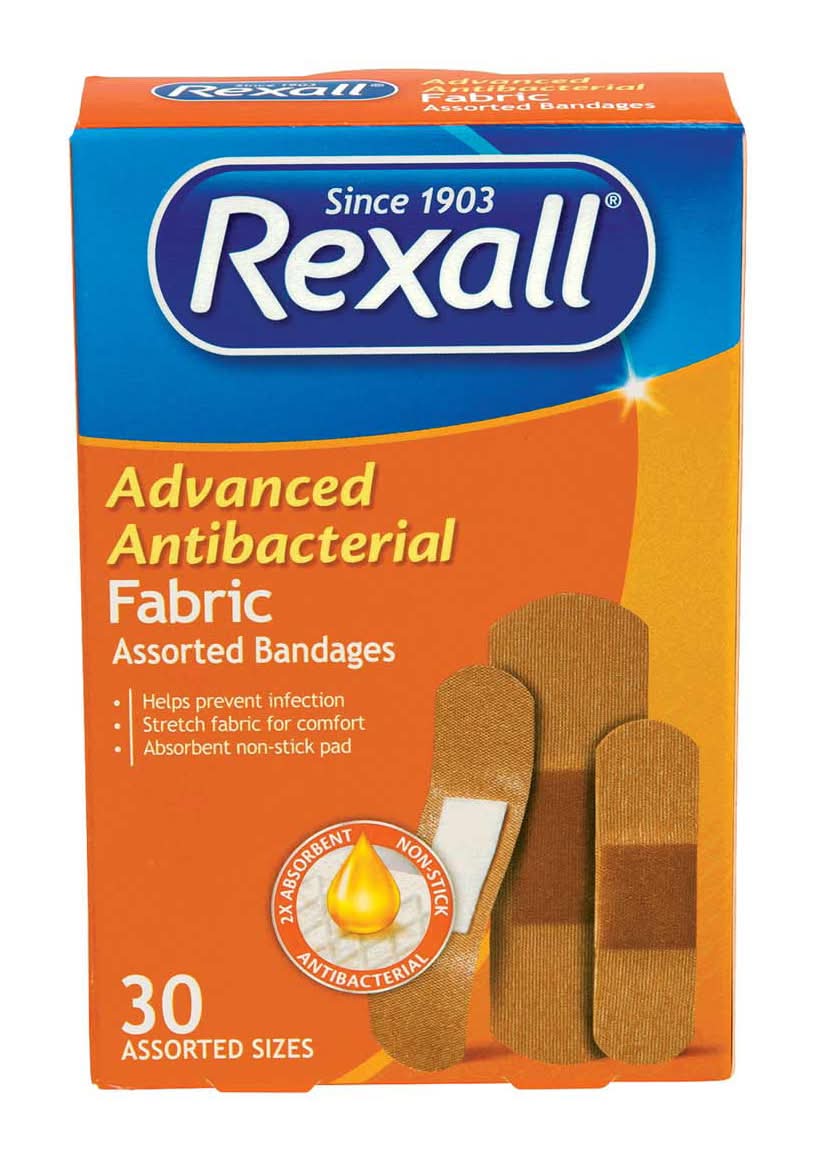 Rexall Advanced Antibacterial Fabric Bandages Assorted Sizes 30 Ct