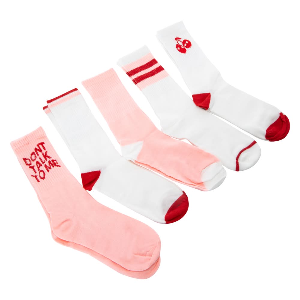 Ladies Crew Socks 5-Pairs Pink/Red