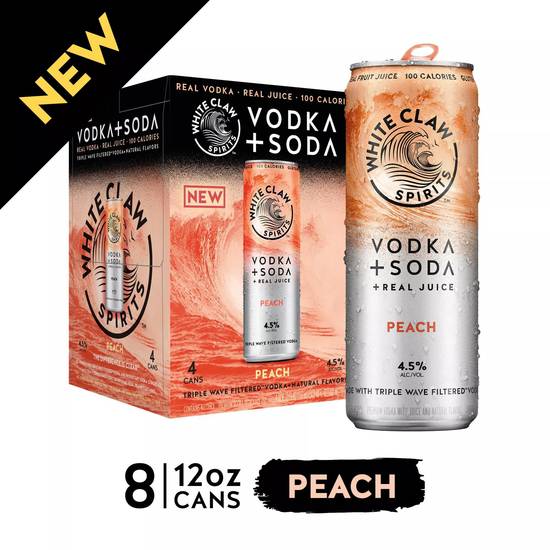 White Claw Vodka + Soda Peach Hard Seltzer (4 pack, 12 fl oz)