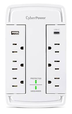 CyberPower P6WSUC15 Home Office 6-Outlet Wall Tap Surge Protector, 1-USB-C Port, 1-USB-A Port, 2400J Surge Suppression, White