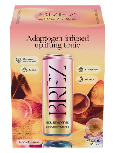 Brez Non-Alcoholic Uplifting Elevate Tonic, Strawberry-Mango (4 x 12 fl oz)