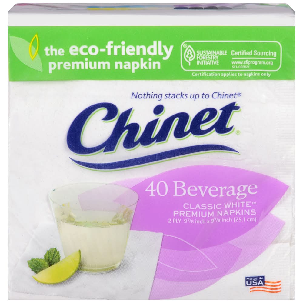 Chinet 2 Ply Classic Premium Beverage Napkins, 9.8" x 9.8", White (3.1 oz, 40 ct)