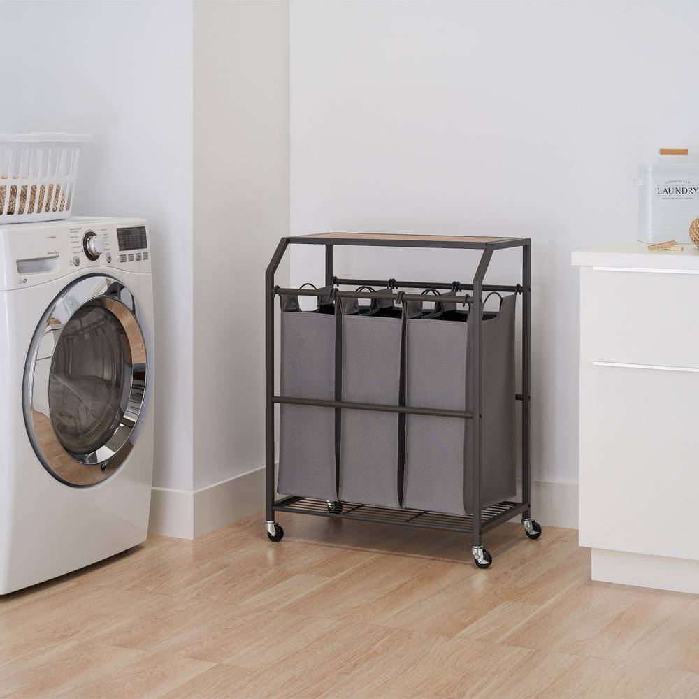 TRINITY 3 Bag Laundry Cart With Flip Up Top & Wheels, Dark Gray