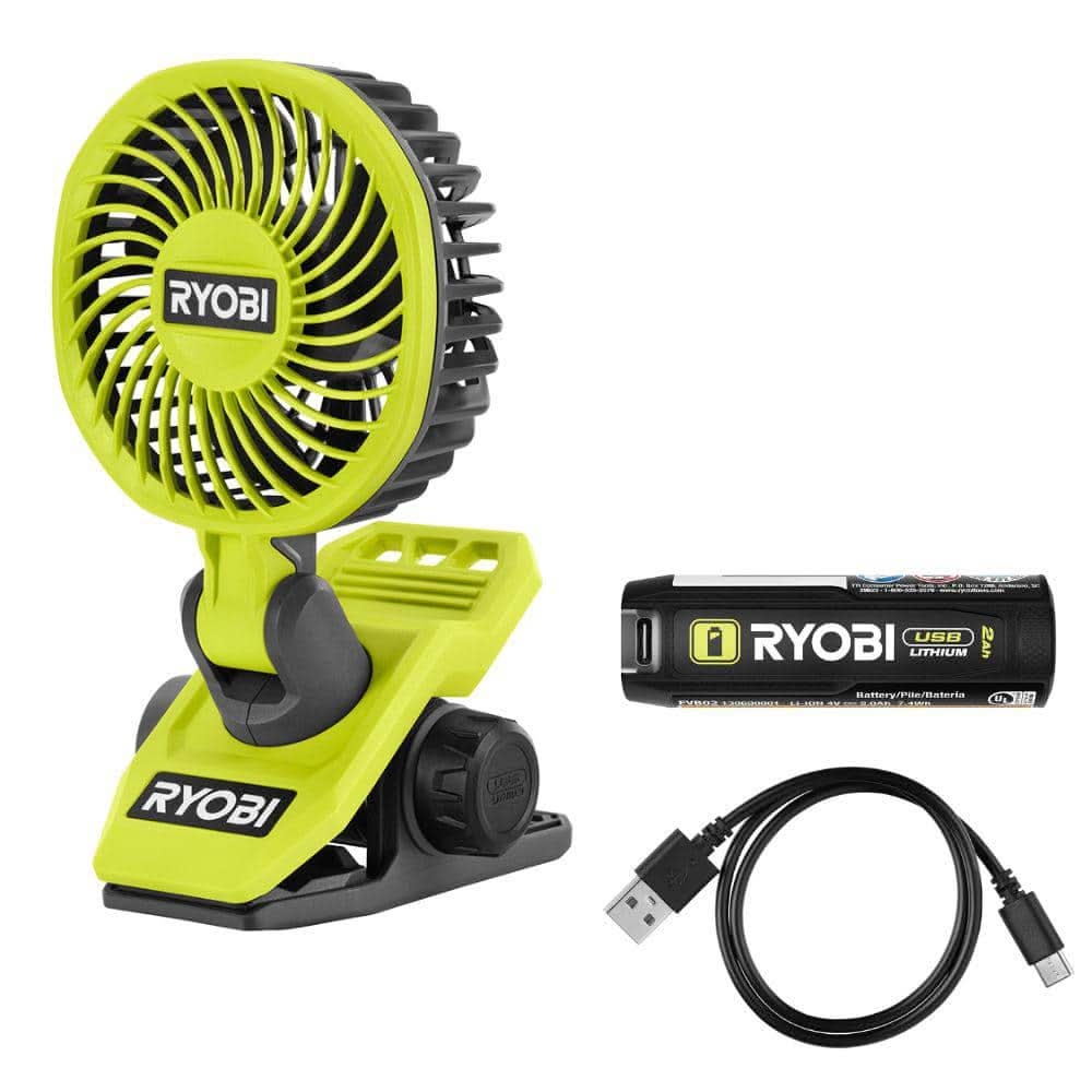 Ryobi Usb Lithium Clamp Fan Kit With 2.0 Ah Usb Lithium Battery And Charging Cable