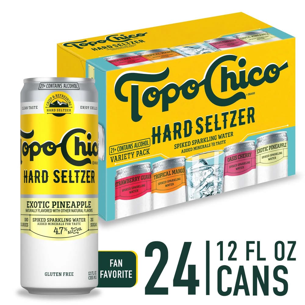 Topo Chico Hard Seltzer Spiked Sparkling Water Variety pack, Oasis Cherry-Tropical Mango-Strawberry Guava-Exotic Pineapple (24 x 12 fl oz)