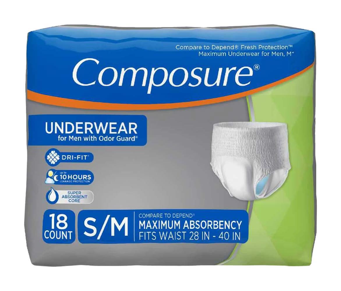 Composure Men'S Protective Underwear - S/M 18 Ct