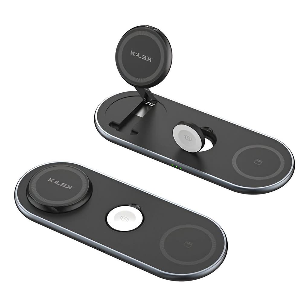 KELEK · Cargador inalámbrico 3 en 1 con soporte plegable y carga magnética, negro