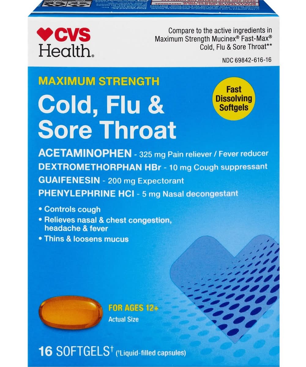 Cvs Maximum Strength Cold, Flu & Sore Throat Softgels, 16 Ct