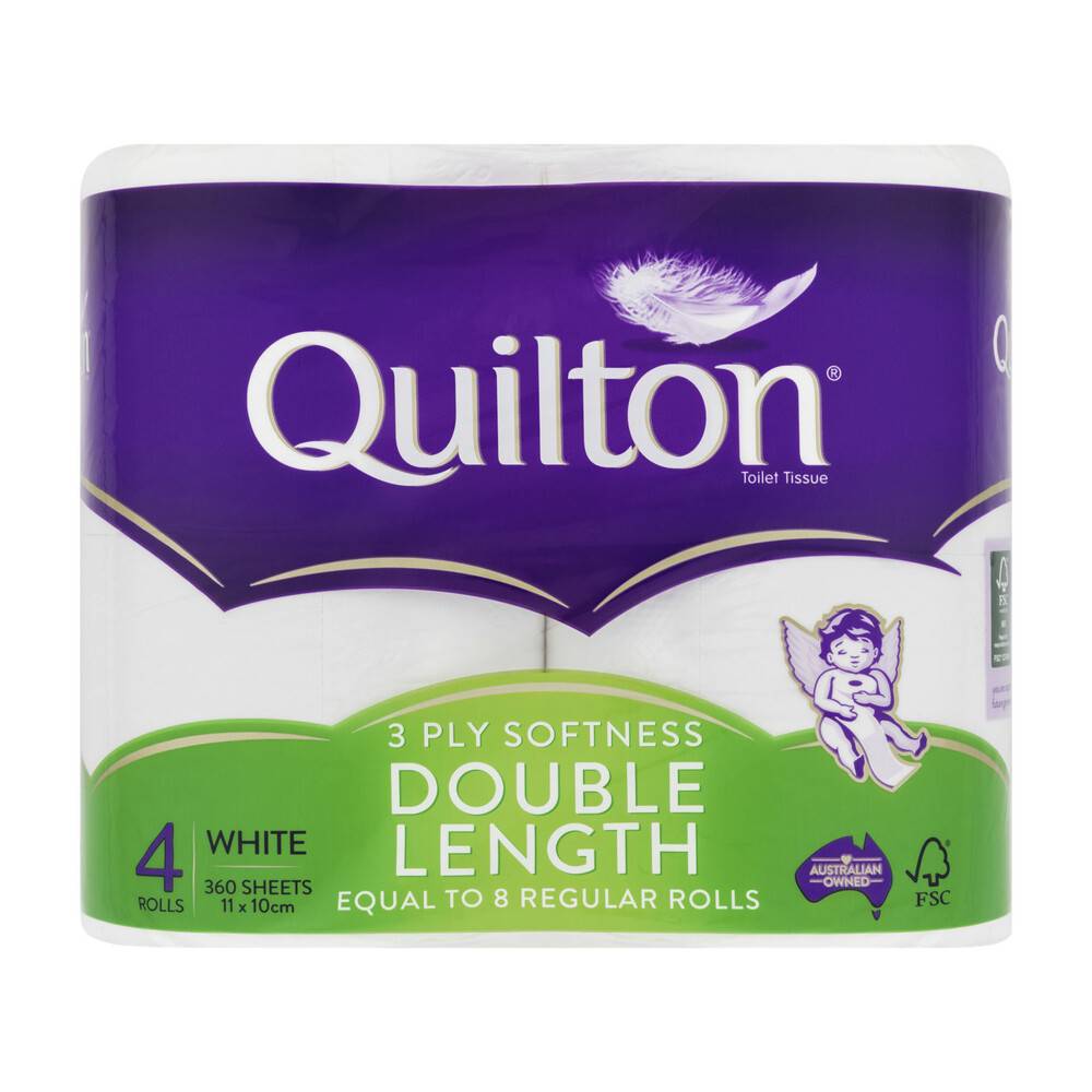 Quilton Double Length Tissue Rolls 4 pack, 11 X 10 cm, White