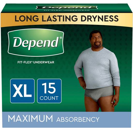 Depend FIT-FLEX Incontinence Underwear for Men, Maximum Absorbency, XL, Grey, 15 Count