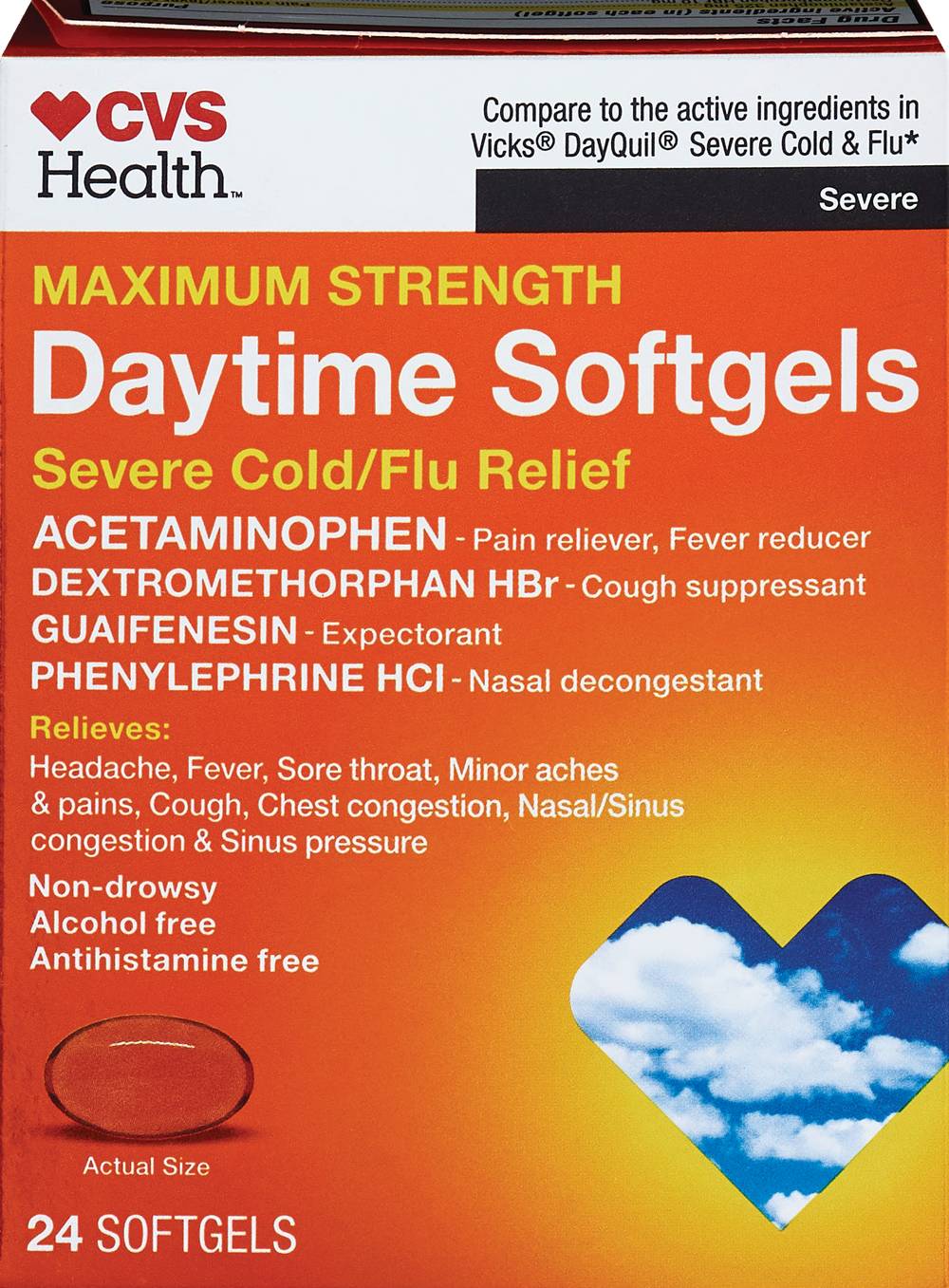 CVS Health Maximum Strength Daytime Softgels for Severe Cold + Flu Relief, 24 CT