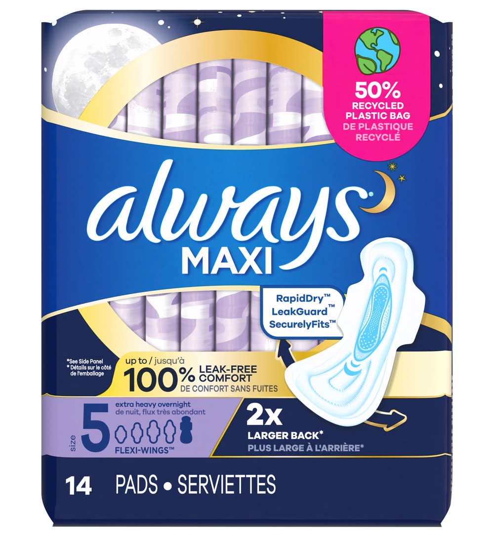 Always Maxi Extra Heavy Overnight Pads With Wings, 5 (14 ct)