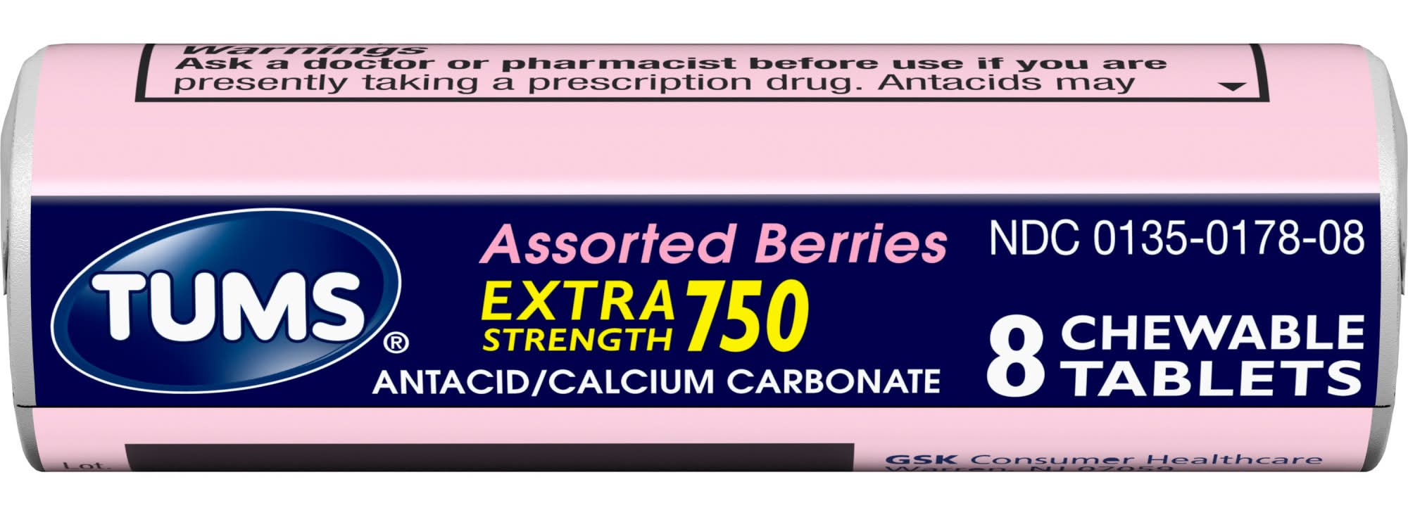 Tums Extra Strength 750 Antacid Chewable Tablets, Assorted Berries (8 ct)