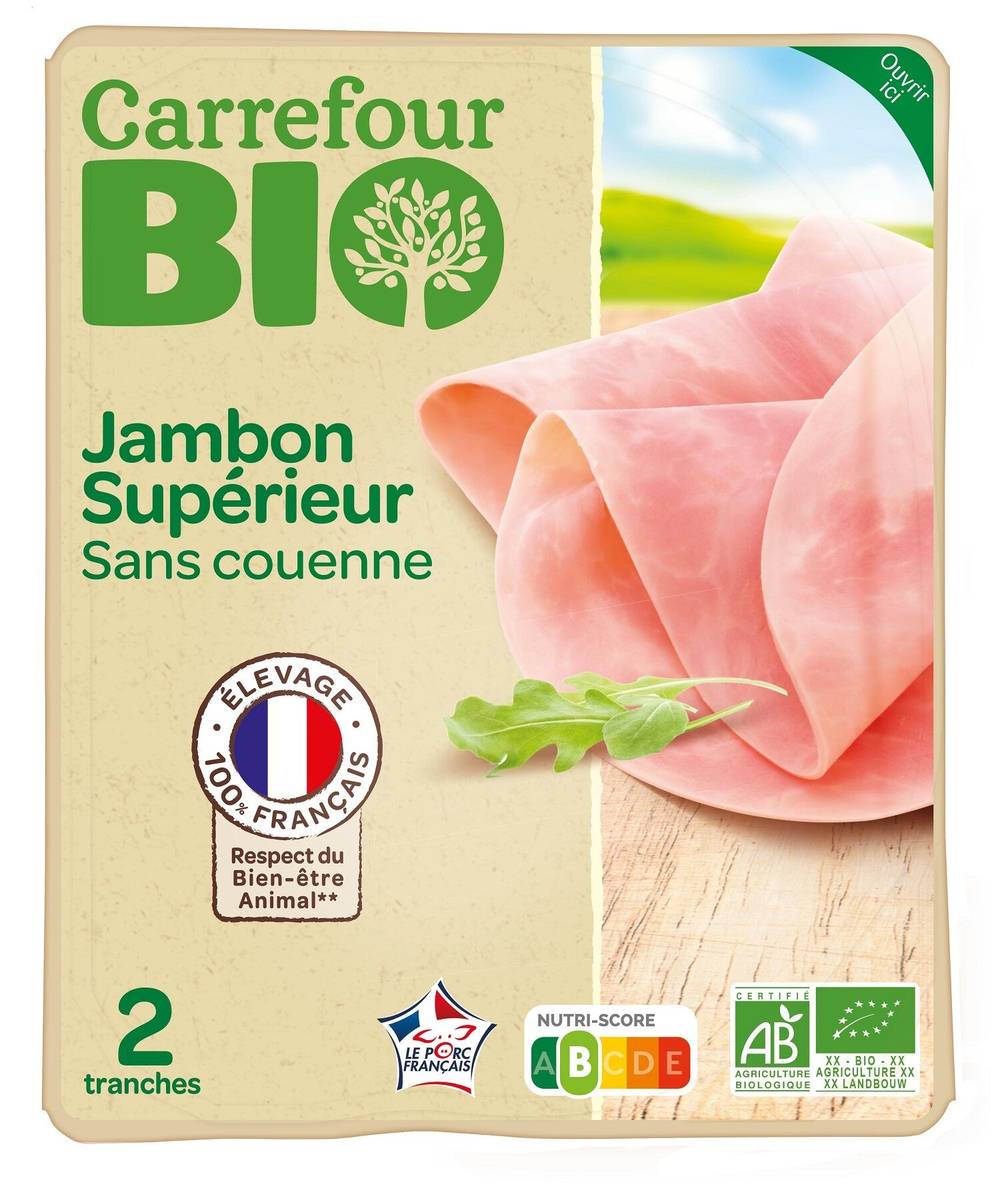 Carrefour Bio - Jambon supérieur sans couenne bio (2 pièces)