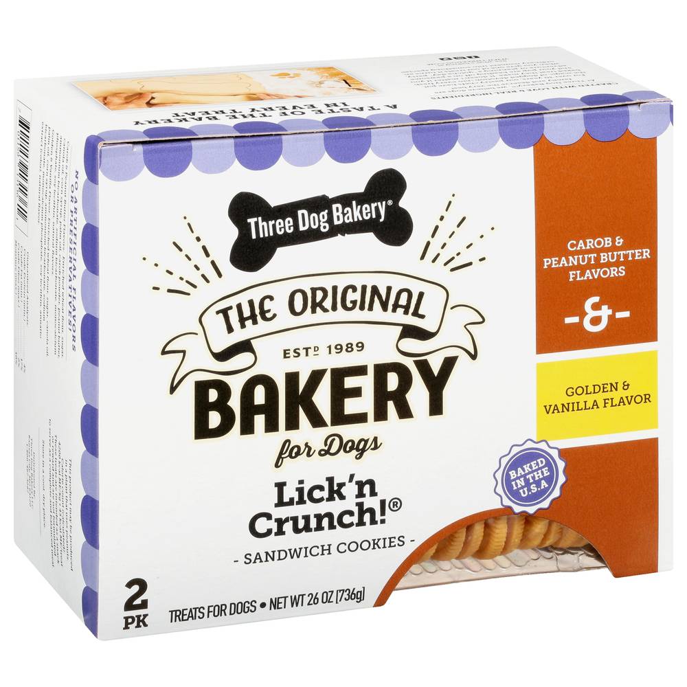 Three Dog Bakery Lick'n Crunch 2 pack Sandwich Cookies Peanut Butter/Golden & Vanilla Flavors Dog Treats (2 ct) (1.62 lbs)