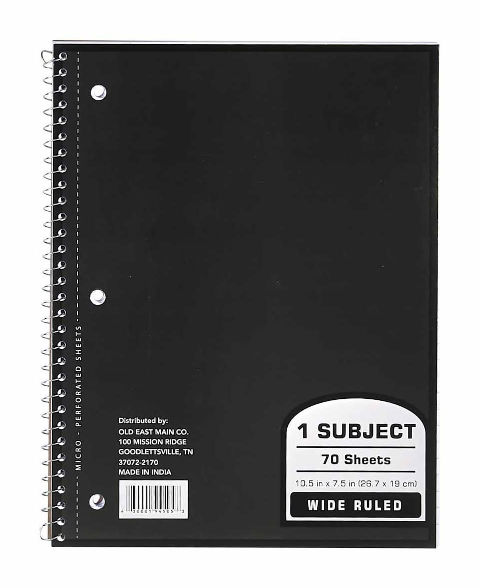 Officehub 1 Subject Wide Ruled Spiral Notebook, 10.5x7.5 in, Black (70 ct)