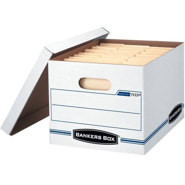 Bankers Box Stor/File Standard-Duty Storage Boxes With Lift-Off Lids and Built-In Handles, Letter/Legal Size, 15" X 12" X 10", 60% Recycled, White/Blue, Case Of 5