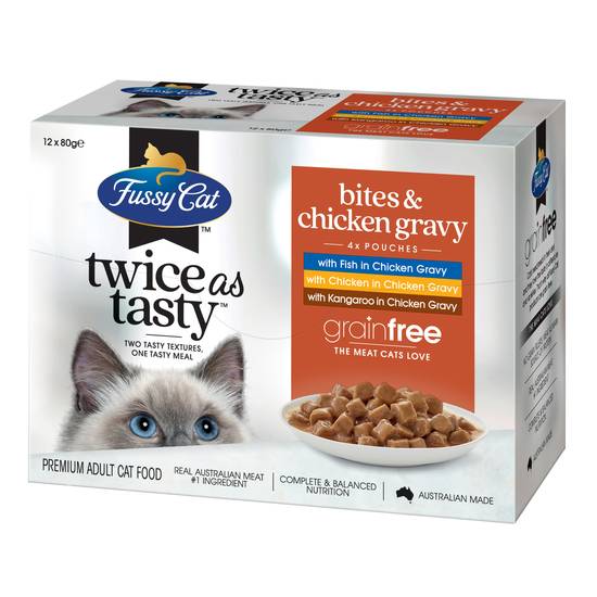 Fussy Cat Grain Free Twice As Tasty Adult Wet Cat Food Bites & Chicken Gravy 12x80gm 12 pack