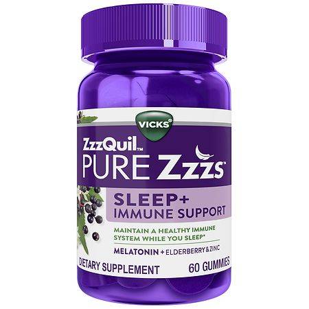 Vicks Zzzquil Pure Zzzs Sleep + Immune Support Gummies Melatonin Elderberry Zinc (60 ct)