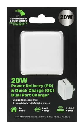 20W Power Delivery & Quick Charge USB-C & USB Dual Port Wall Charger White