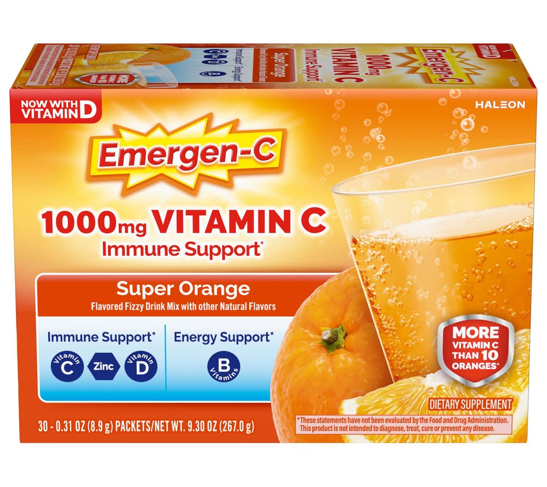 Emergen-C Vitamin C Immune Support Fizzy Drink Mix Dietary Supplement 1000 mg, Super Orange (30 x 0.31 oz)