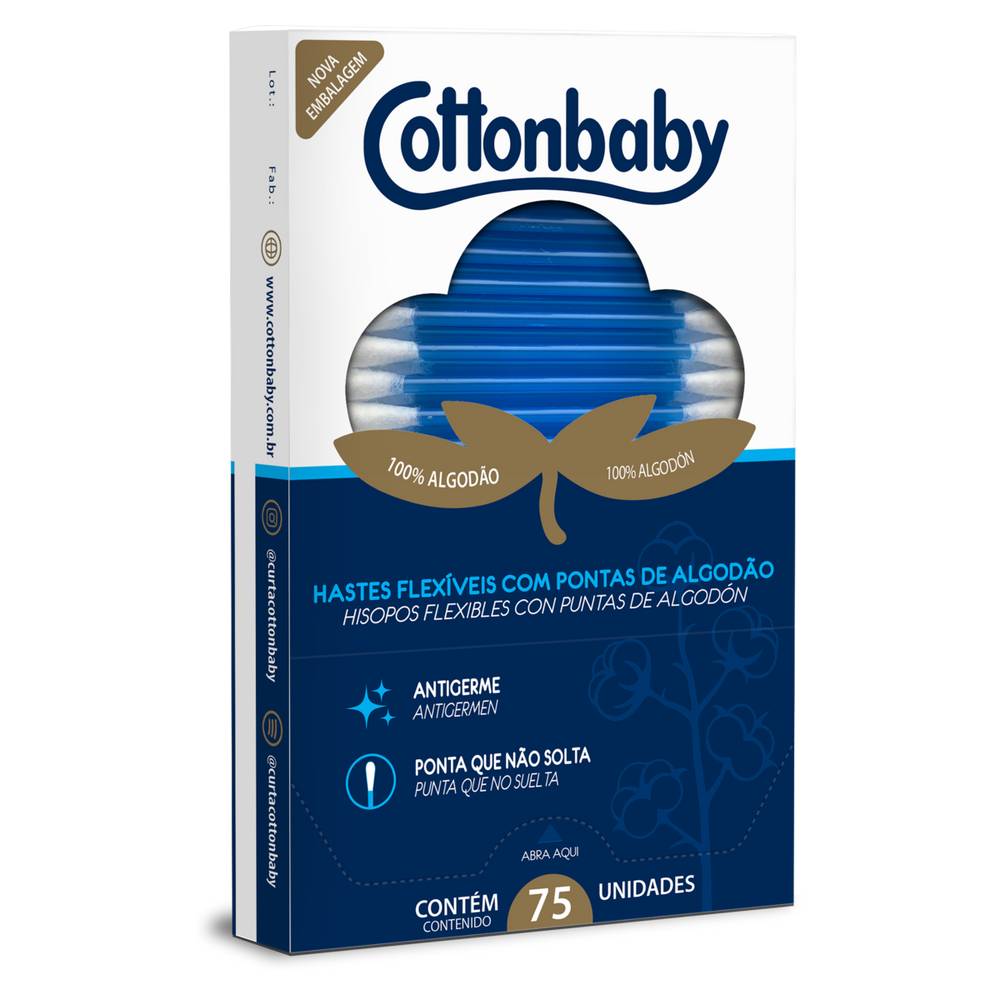 Cottonbaby hastes flexíveis com pontas de algodão (caixa 75 unidades)