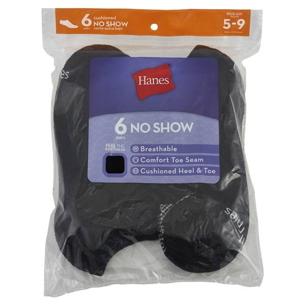 Hanes Womens No Show Sock, 6 pk, Black, Size 5-9