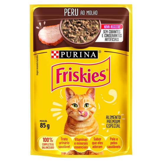 Purina ração úmida sabor peru ao molho para gatos adultos friskies (85 g)