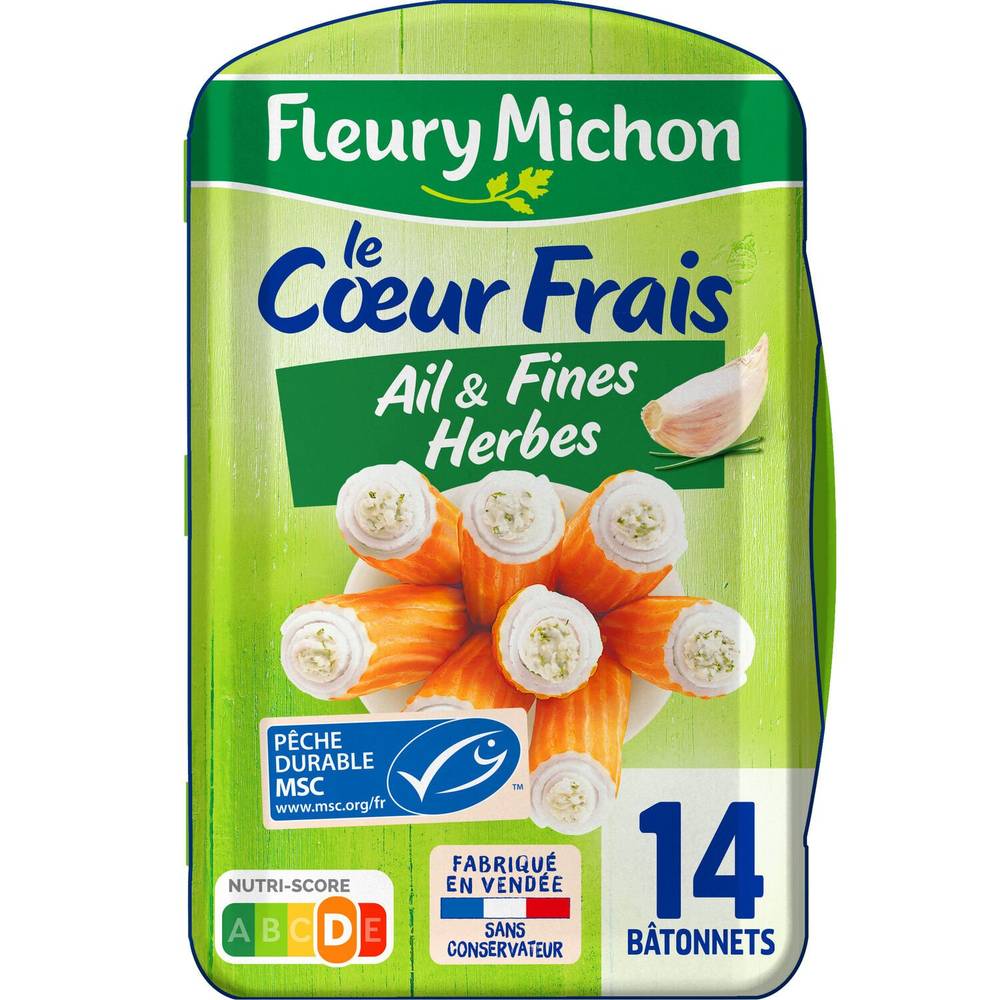 Bâtonnets de surimi MSC cœur frais fromage ail et herbes FLEURY MICHON - la boite de 14 - 224 g
