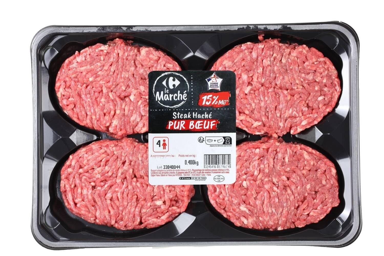 Steak haché pur bœuf 15% MG CARREFOUR LE MARCHE - la barquette de 4 - 400g
