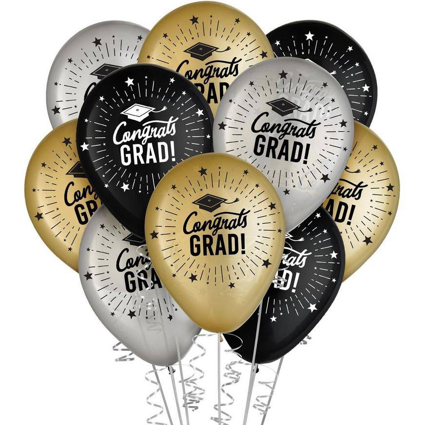 Party City Uninflated Congrats Grad Latex Balloons (size 12"/black-silver-gold)
