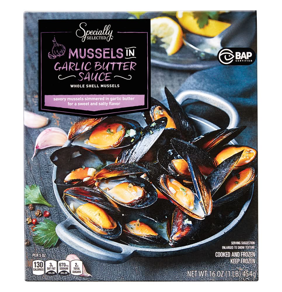 Specially Selected Frozen Whole Shell Mussels, Garlic Butter Sauce (16 oz)