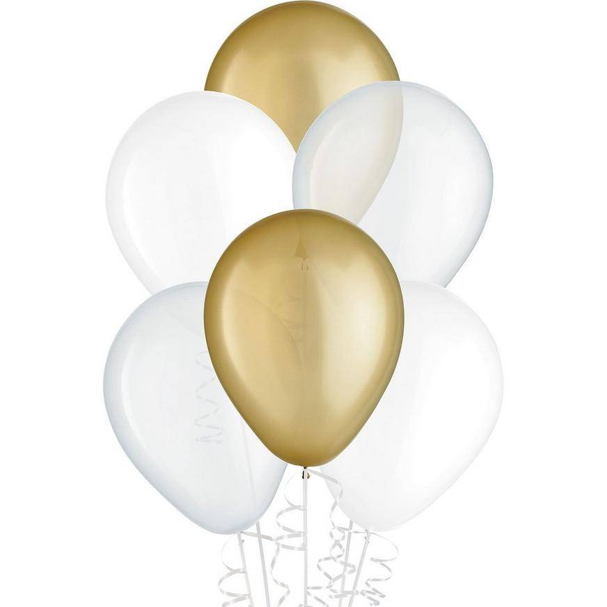 Uninflated 15ct, 11in, Gold 3-Color Mix Latex Balloons - Clear, Gold White