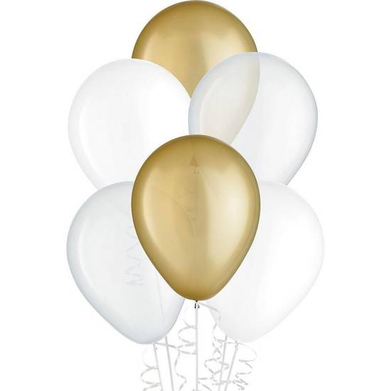 Uninflated 15ct, 11in, Gold 3-Color Mix Latex Balloons - Clear, Gold & White