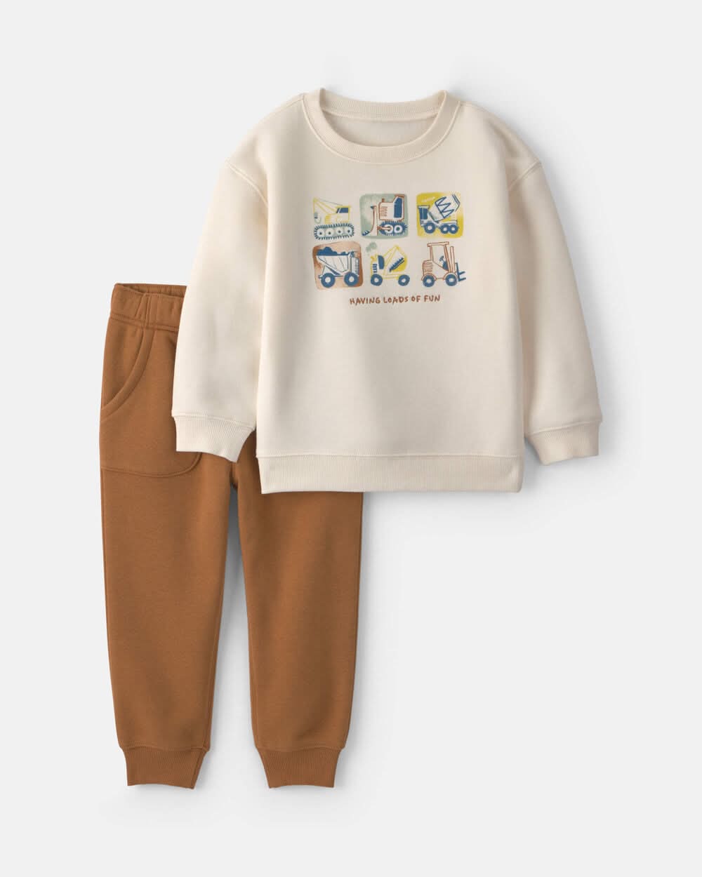 Toddler Boy 2-Piece Construction Fleece Long-Sleeve Top & Pant Set - Cream/Brown - 5T