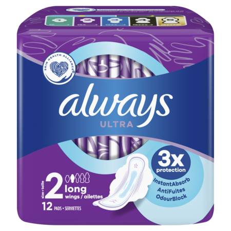 Serviette hygiénique ultra longue avec ailettes taille 2 ALWAYS - le paquet de 12 serviettes hygiéniques