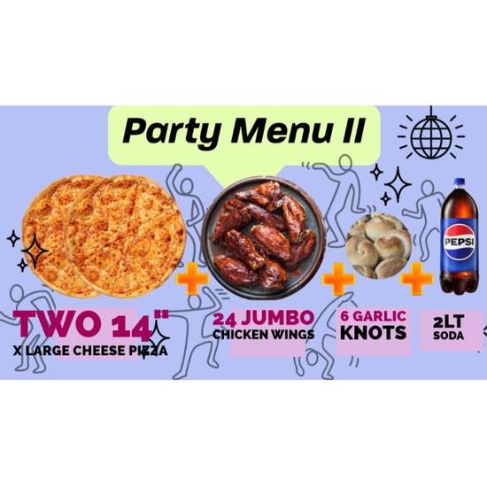 Party Menu II - Two 14" Cheese Pizza, 24 Jumbo Wings, 6 Garlic Knots and 2lt Soda