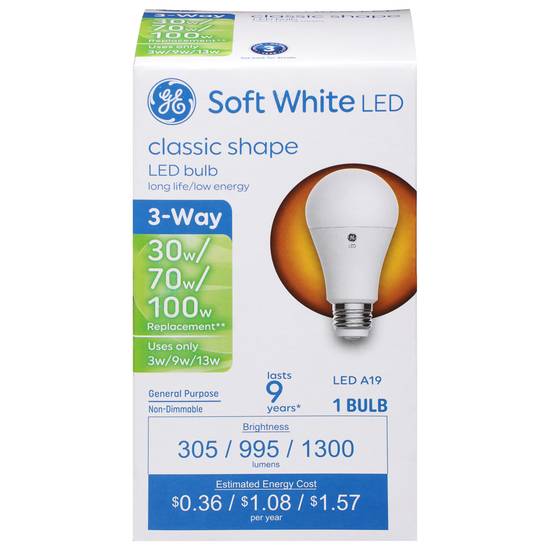 Ge 30/70/100 Watts Classic Shape Soft White 3-way Led Light Bulb