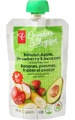 PC Organics Nourriture En Purée Biologique Pour Bébé – Bananes, Pommes, Fraises Et Avocat / Organics Banana, Apple, Strawberry, And Avocado Strained Baby Food 128.0 ML