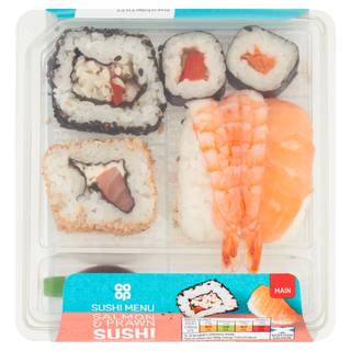Co-op Sushi Menu Salmon & Prawn Sushi with Soy Sauce