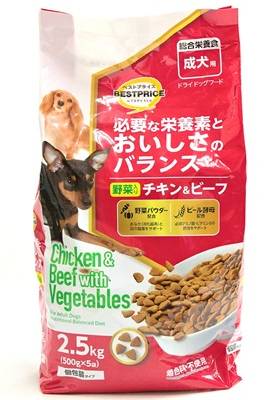 トップバリュ　ベストプライス　必要な栄養素とおいしさのバランス　ドライドッグフード　野菜入りチキン＆ビーフ　個包装タイプ　総合栄養食　成犬用　２．５Ｋｇ
