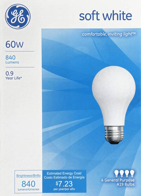 Ge Soft White 60w 840 Lumens A19 Light Bulbs (4 ct)